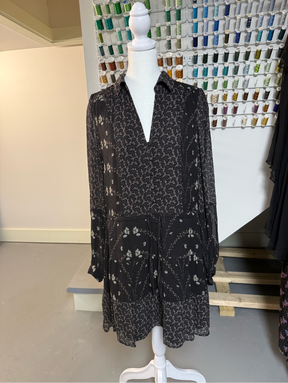 PAIGE Black Floral V‑Neck Long Sleeve Tiered Dress